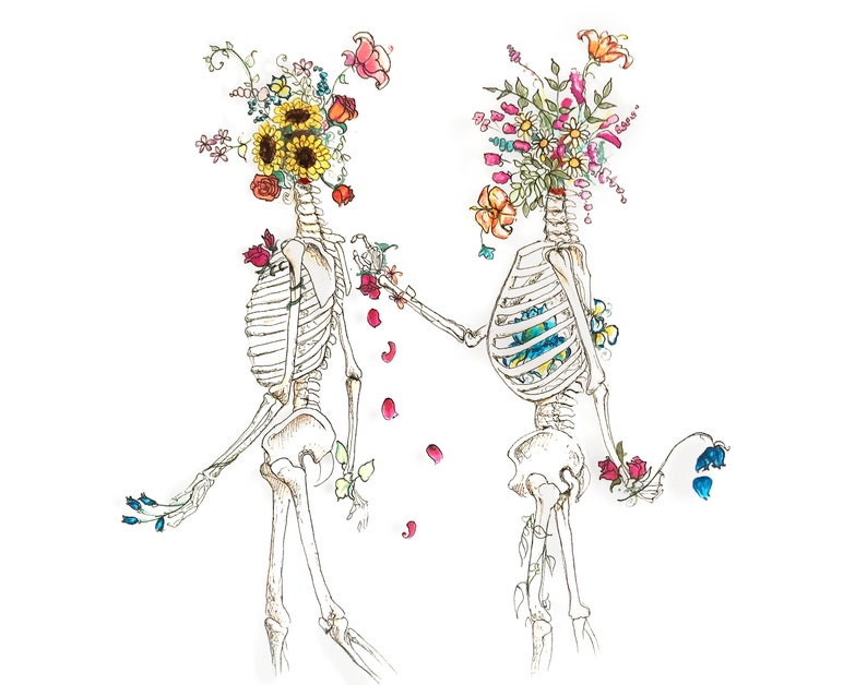 Flower Skeletons Art Print, Digital Art Print, Flower Print, Flower skulls, Wall Decor, 100% Profits Donated, Digital Download image 1