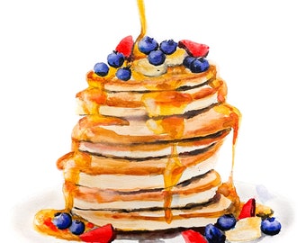 Pancakes Watercolor Art Print, Blueberry Pancakes Art, Breakfast, Digital Art, Sweets Drawing, 100% Profits Donated, Digital Download