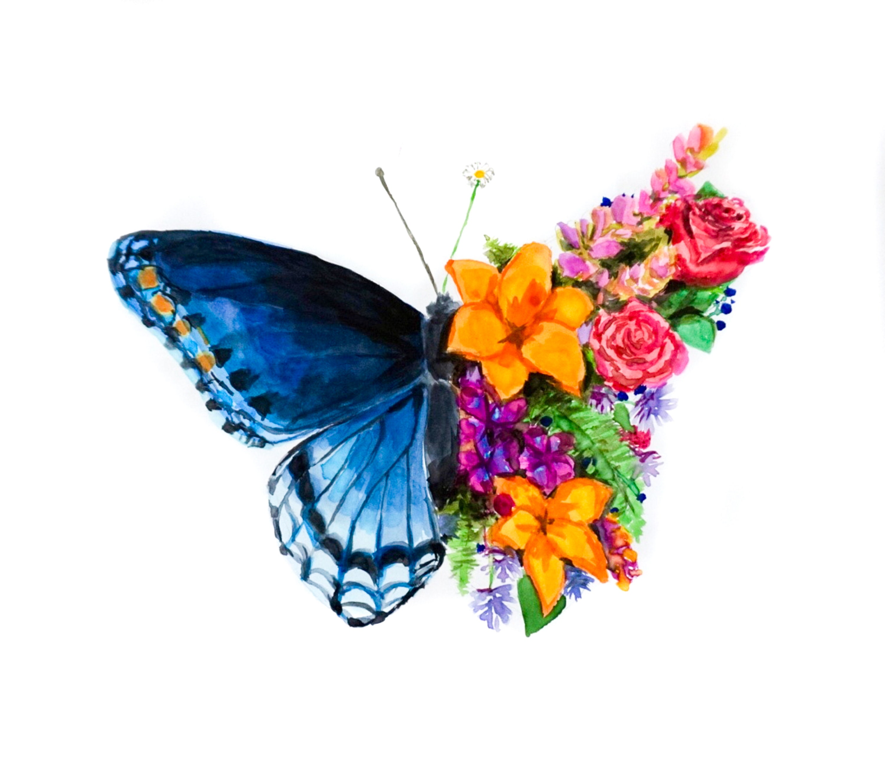 Butterfly Flowers Watercolor Art Print, Butterfly Art, Digital Art