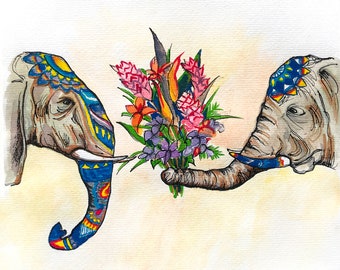 Elephants Flowers Art Print, Elephant Art, Digital Art, Flower Painting, Wall decor, 100% Profits Donated, Digital Download