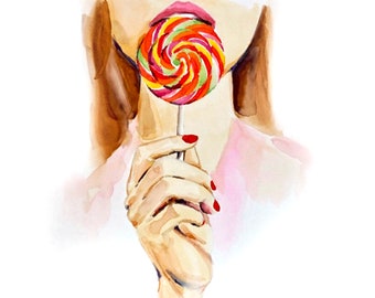 Impresión de arte de acuarela caramelo, Lollipop Arte, Chica caramelo, Arte digital, Decoración de la pared, Dibujo de dulces, 100% beneficios donados, Descarga digital