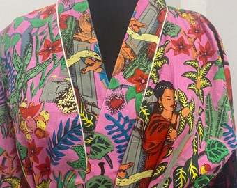 Pink Frida Kahlo Cotton Kimono Robe for women, Kimono Cover Up, Long Cotton Kimono, Dressing Gown, Wrap Dress, Summer Clothing, Gift for her