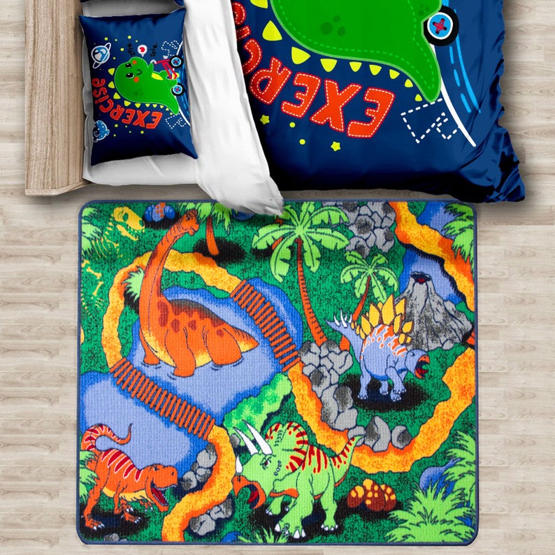 Kids Colourful Dinosaur Land Rug Nursery Bedroom Etsy