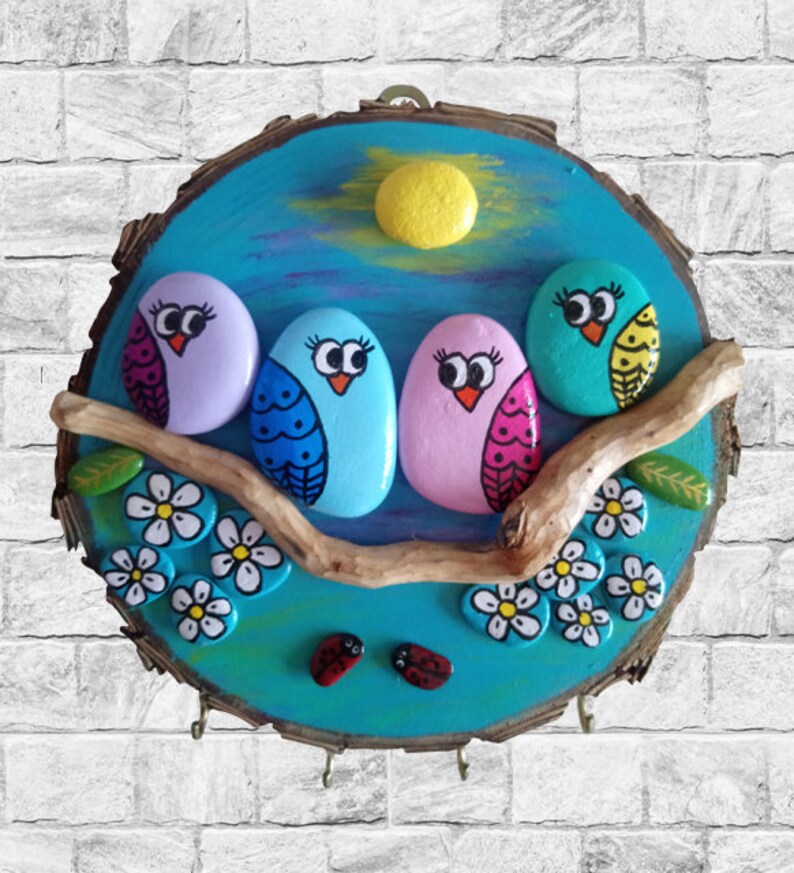 Modern Unique Wooden Key Holder, Oceanrolled Painted Stone Wood Key