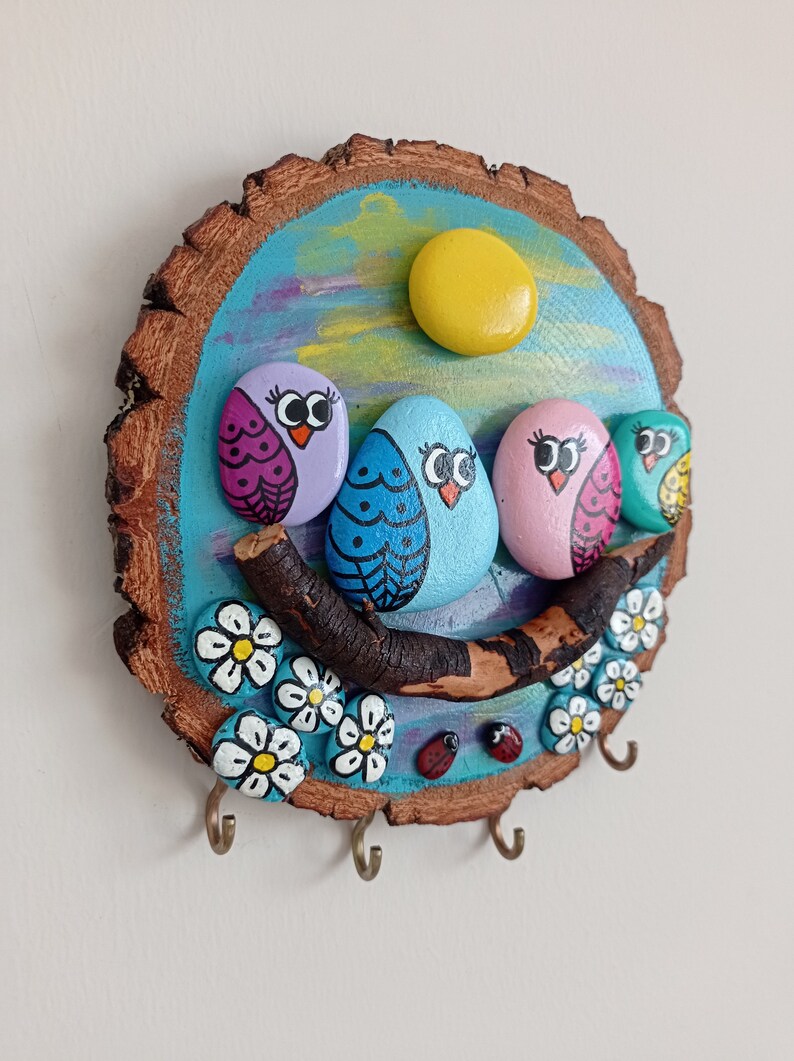 Modern Unique Wooden Key Holder, Oceanrolled Painted Stone Wood Key