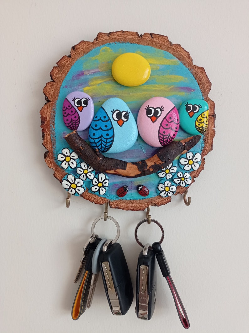 Modern Unique Wooden Key Holder, Oceanrolled Painted Stone Wood Key