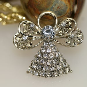 Silver-Plated Clear Rhinestone Angel Brooch Pin, Angel Pin, Angel Jewelry Gift