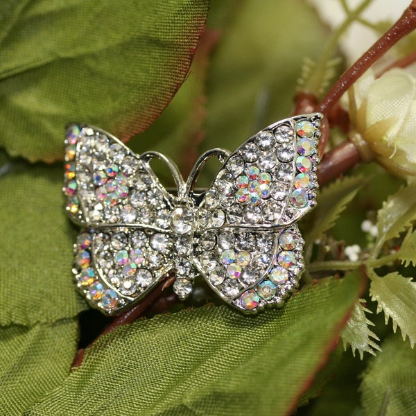 Rhinestone Butterfly Brooch, Silver AB Crystal Rhinestone Pins, Bridesmaid Bride Brooch, Wedding Bouquet Pins Broaches
