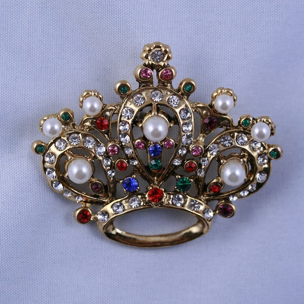 Vintage Rhinestone Crown Brooch Pin With Faux Seed  Pearl In Antique Gold Tone