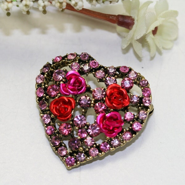 Rhinestone Valentine's Day Heart With Roses Pin Brooch, Valentine's Da Jewelry Gift For Her