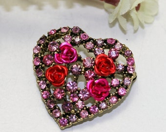 Rhinestone Valentine's Day Heart With Roses Pin Brooch, Valentine's Da Jewelry Gift For Her