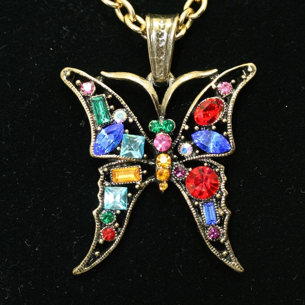 Vintage Gold Multi Color Rhinestone Butterfly Pendant Necklace