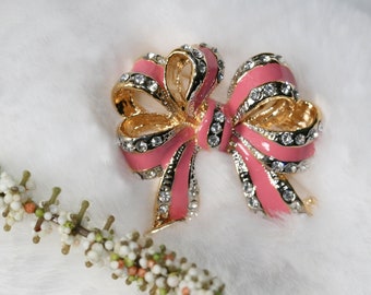 Vintage Holiday Pink Christmas Bow with rhinestones Brooch/Pin