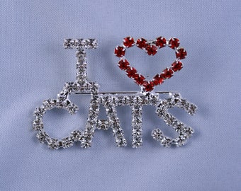 Broche chatons avec mot « I love heart cats » en strass, épingle I love chats