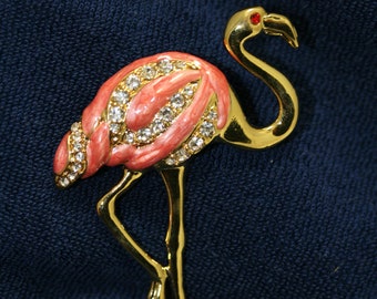Vintage Pink Flamingo Brooch Pin Crystal Enamel Tropical Island Bird Gold Plated