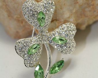 Rhinestone Shamrock Three-leaf Clover Brooch Pin,  Saint Patrick's day Rhinestone Jewelry Gift