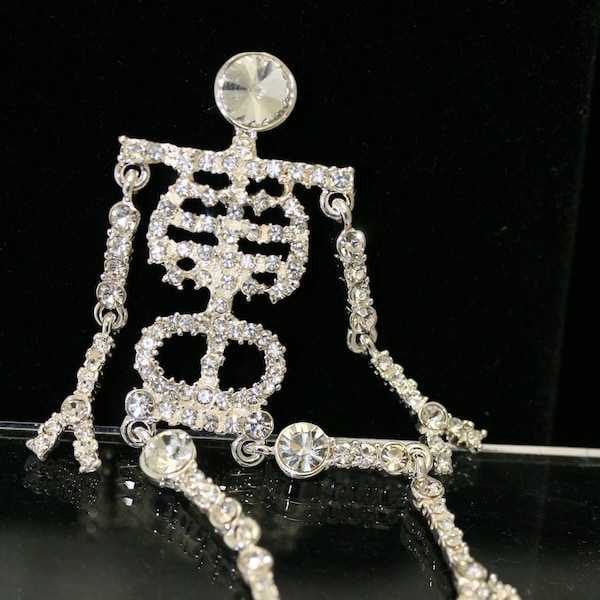 Rhinestone Halloween Scary Moveable Ghost Skull Skeleton Pin Brooch Jewelry 4"