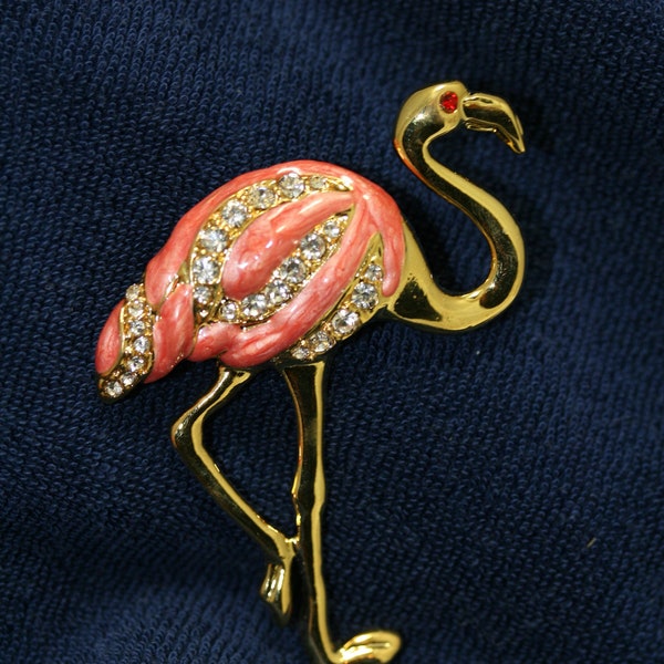 vintage Rose Flamant Broche Pin Cristal Émail Tropical Island Oiseau Plaqué Or