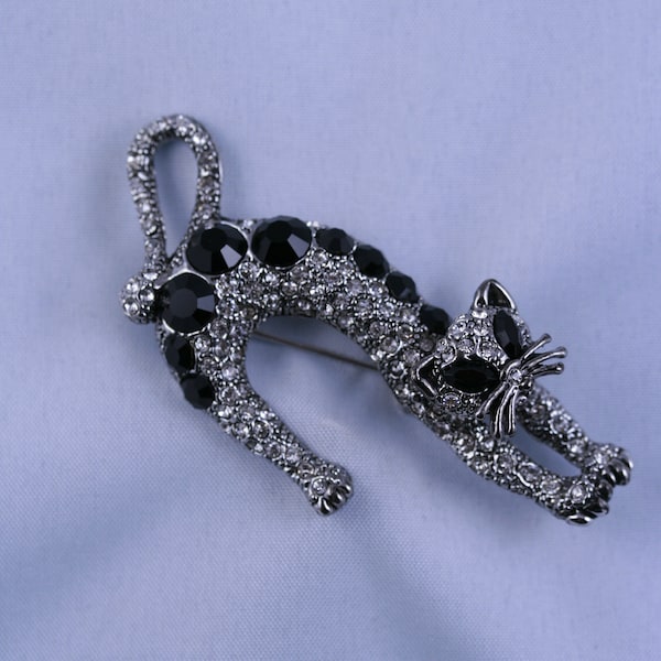 Cat brooch, Silver-Tone Black Rhinestone Cat Pin, Halloween Cat Jewelry