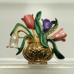 Vintage Enamel Tulips in Gold Antique Vase Brooch Pin, Flower Vase Jewelry Spring Flower Brooch