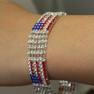 Silver USA Patriotic 4th of July American Flag Rhinestone Tennis Bracelet, Patriotic Independence Jewelry Red White Blue Crystal Bracelet