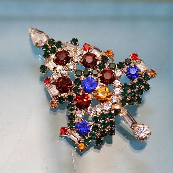 Christmas Tree Brooch, Pin,  Christmas Jewelry, Gold-Tone Diamond  Xmas Tree Brooch Pin