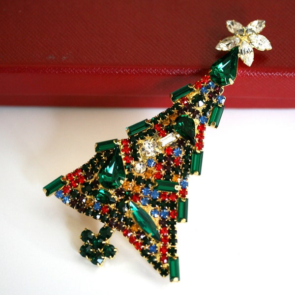Vintage Christmas Tree Brooch Pin, Multi Color Rhinestone Xmas Tree Brooch Large Christmas Pin