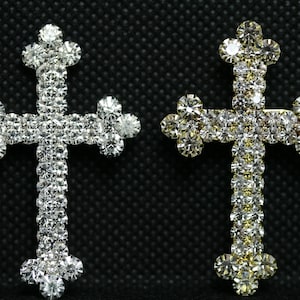 Stunning Silver and Gold Tone Crystal Rhinestone Christian Budded Cross Brooch Pin, Religious Cross Jewelry