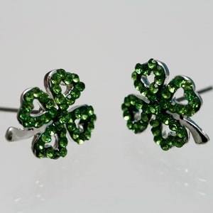 Emeralds Rhinestone Shamrock Outline Post Earrings, St Patrick's Day Earrings, Irish Four Leaf Clover Earrings Jewelry Gift