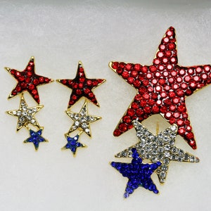 Rhinestone USA Patriotic Star Brooch and  Red White Blue Shooting Star Post Earring, US Patriotic Jewelry Set Gift