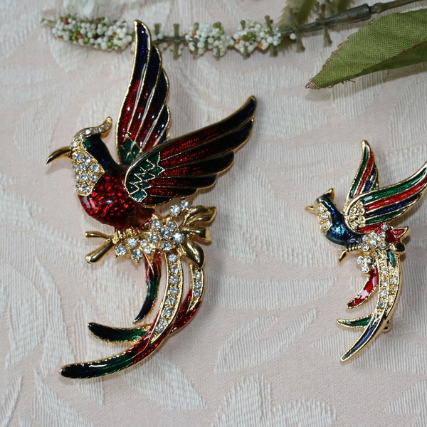 Vintage Rhinestone and Enamel Peacock Brooch, Crystal Peacock Pin For Her, Women Accessory