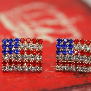 Rhinestone American USA Flag 4th July Stud Earrings, Gold-Plated Patriotic Red White Blue Flag Earring, Patriotic Independence Jewelry