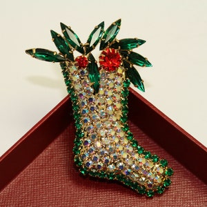 Christmas Sparkling Stocking Holly Figural Pin Brooch Quality Xmas Holiday Jewelry Gift