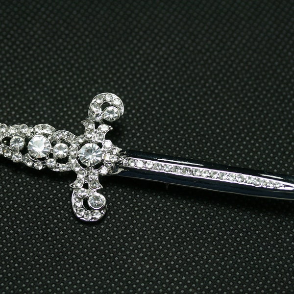 Rhinestone Jeweled Silver-plated Sword Pin Brooch Knight, Beautiful Vintage Crown Sword Jewelry Gift