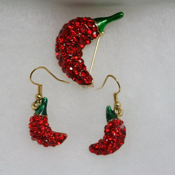 Broche de piment en cristal, boucles d’oreilles de piment, épingle à piment, boucles d’oreilles au piment rouge, épingle à piment strass et ensemble de boucles d’oreilles