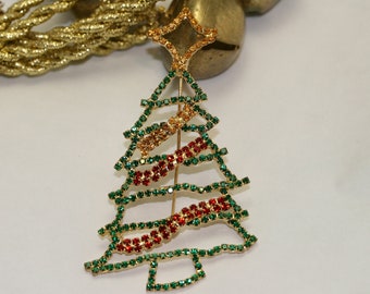 Christmas Rhinestone Jewelry, Vintage Gold-Tone Xmas Tree Brooch Pin, Fashion Holiday Jewelry