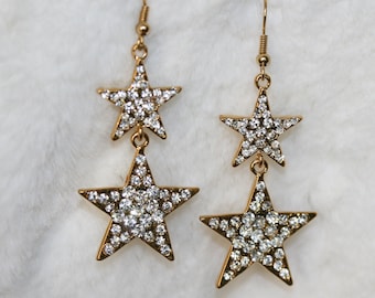 Linked Rhinestone Stars Drop Earrings, Taxes Star Dangle Earrings, Gold Star Earrings