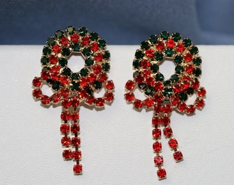 Vintage Red Green Rhinestone Christmas Wreath Stud Earrings for Women, Holiday Fashion Xmas Jewelry Gift