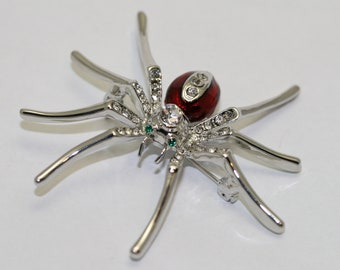 Silver Plated Clear Rhinestone and Red Enamel Spider Brooch Halloween Spider Pin, Holiday Costume Jewelry