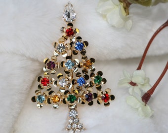 Multi-Gemstone Christmas Tree Pin in Gold-Tone, Rhinestone Xmas Tree Brooch