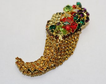 Cornucopia Thanksgiving brooch pin Fall Pilgrim Thanksgiving Rhinestone Turkey Fruit Cornucopia Horn Of Plenty Pin Brooch