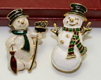 Vintage Christmas Snowman Brooch, Pin Sparkle GLITTER Enamel/metal Holiday Jewelry Gift
