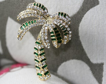 JustloveJewels Vintage Gold Tone Metal Rhinestone Palm Tree Brooch, Crystal Palm Tree Pin