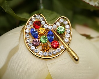 Artist Painting Palette Pin Brooch New Gold Tone Crystal Accents Jewelry Brooch
