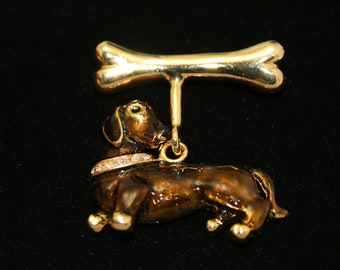 Vintage Dachshund Dog Enamel Pin Bone Wiener Rhinestone