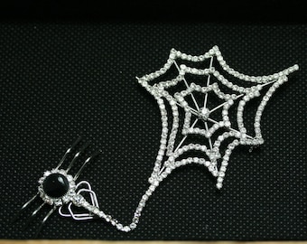 Halloween Vintage SPIDER & WEB Rhinestone Brooch, Large Spider Pin Crystal Halloween Jewelry