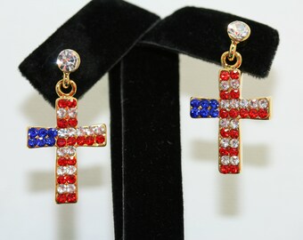 American Flag Rhinestone Pierced Earrings, Red, Blue, White Patriotic USA Cross Stud Dangle Earrings, Patriotic 4th of July Jewelry