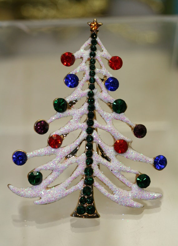 White Glitter Traditional Christmas Tree Pin Broo… - image 7