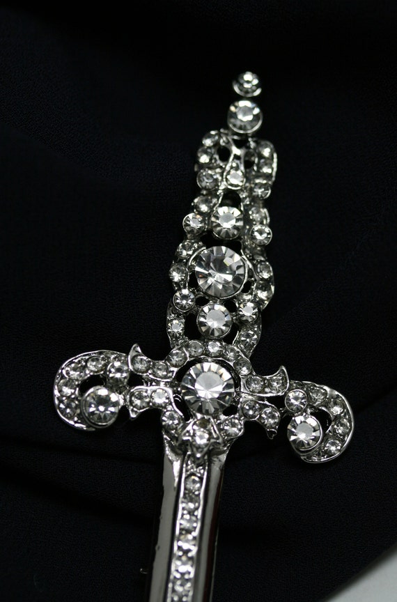 Rhinestone Jeweled Silver-plated Sword Pin Brooch… - image 6