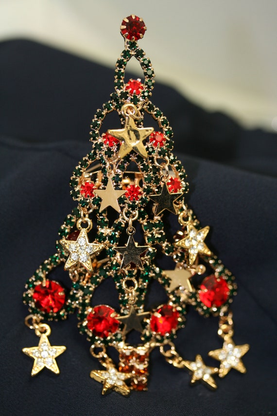 Large Rhinestone Christmas Tree Brooch Dangle Sta… - image 8